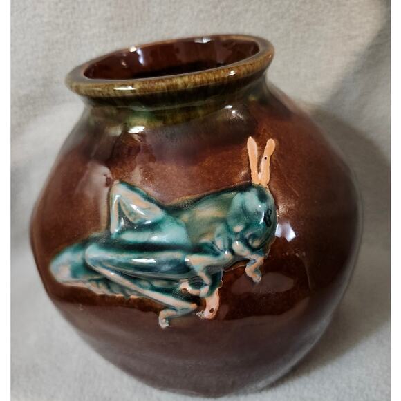 Brown Pottery Glazed Vase Jar Cricket 3d Emblem on Front Bug - Picture 2 of 8